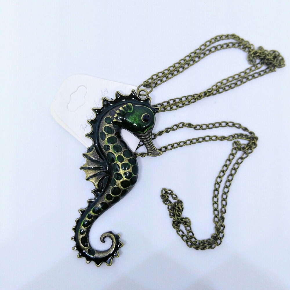 NEW Large Seahorse Enameled Brass Toned Necklace